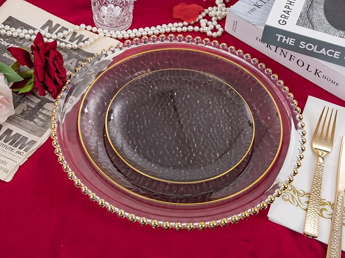 Hioasis 60pcs Black Plastic Plates - Gold Rimmed Disposable, Hammered, Heavy-duty Dinnerware Set Suitable for 30 Guests, 10.25" Dinner & 7.5" Dessert Plates for Party & Wedding