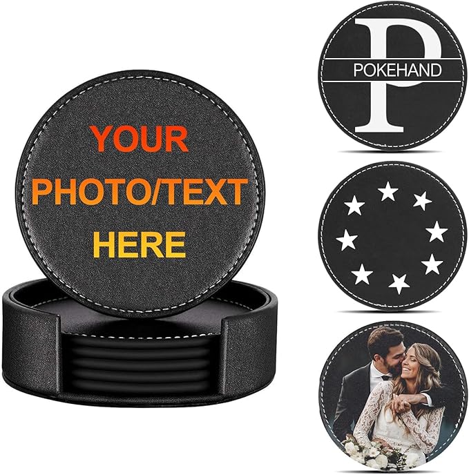 Personalized Coasters,Custom Set of 6 Leather Coaster for Drinks with Holder,DIY Customized with Name/Photo/Logo Non-Slip, Heat Resistant, Waterproof for Bars, Kitchens, Home Apartments