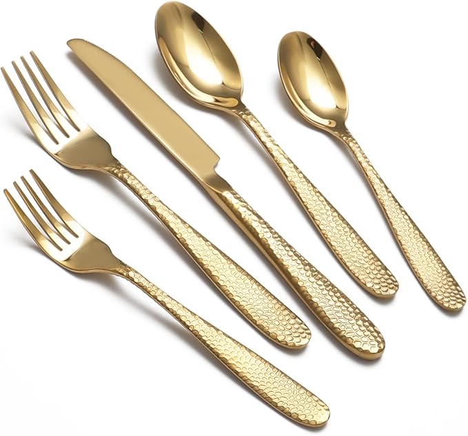 Gold Hammered Silverware Set, 40 Piece Stainless Steel Heavy Duty Flatware Set for 8, Food-Grade Tableware Cutlery Set for Home Restaurant, Mirror Polished, Dishwasher Safe