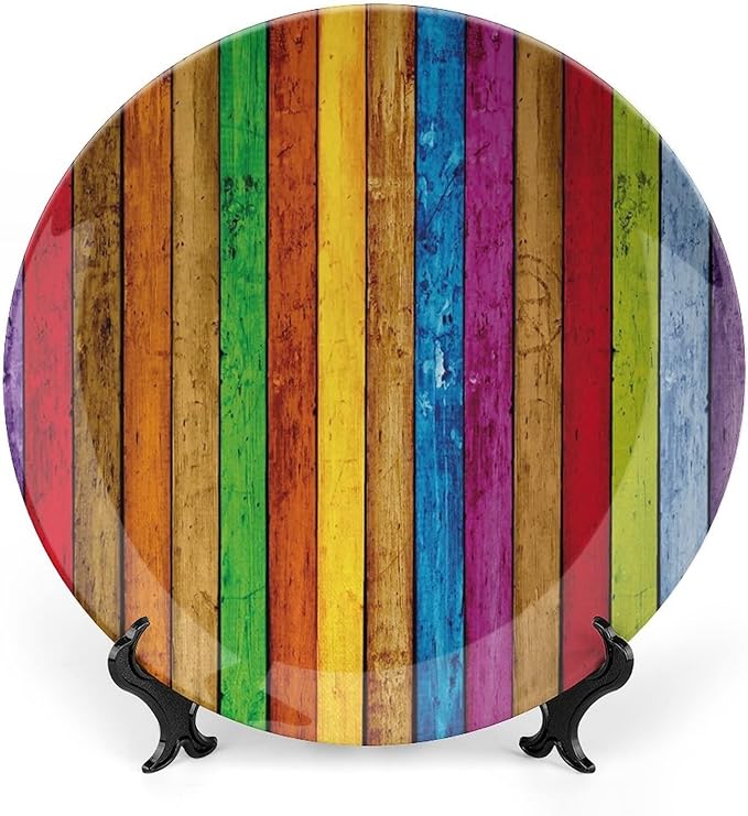 Ceramic Display Plate, Abstract Ceramic Hanging Decorative Plate, Vibrant Wooden Artistic Cheerful Art Rainbow Image, 10 Inch, Living Room Kitchen Decoration Household, Multicolor