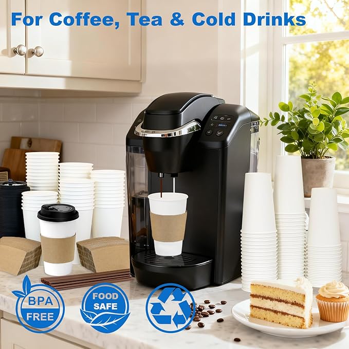 16 oz 100 Pack Coffee Cups with Lids and Sleeves, Straws, Hot Disposable To Go Travel Paper Cups Bulk for Office, Home Coffee Bar Accessories, Chocolate, Cocoa, Beverage (White)
