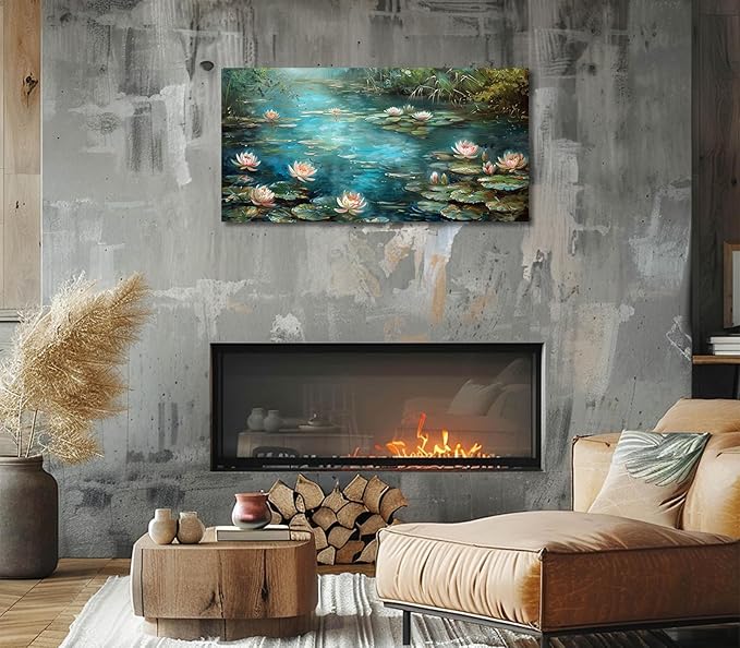ADJUVANT Wall Art Impressionist Water Lily Pond 60" L x 30" W, Lotus Flower Canvas Painting Nature Artwork Green Water and Pink Blooms Prints Wall Decor for Living Room Bedroom Study Home Office