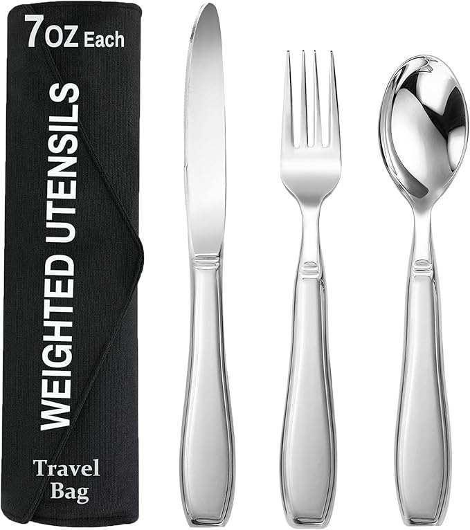 Weighted Utensils for Hand Tremors and Parkinson's Patients-Adaptive Utensils-3 Piece Set Weighted Silverware for Elderly, Arthritis, Weak Hand Grip.Gifts for Parkinsons Patients