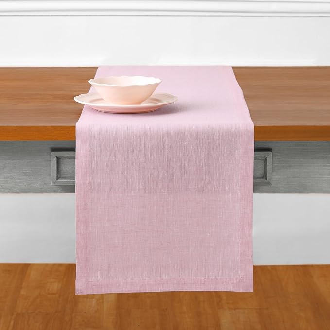 Solino Home Linen Short Table Runner 48 Inches - Athena, 100% Pure Linen Bubblegum Pink Table Runner 14 x 48 Inch Ideal for Dresser and Coffee Tables - Valentines, Spring, Easter