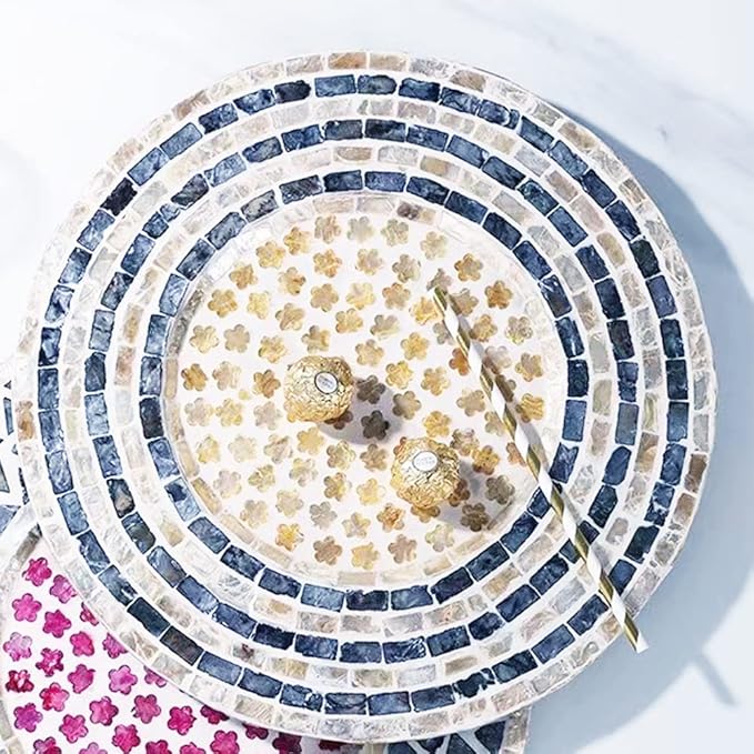 i-lan Set of 2 Mother of Pearl Charger Plates, 13 Inch Dark Blue Capiz Shell Inlay Wood Decorative Placemats for Dining Table, Modern & Rustic Table Setting for Party, Wedding and Home Decor