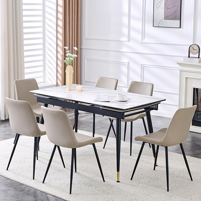 Extendable Dining Table Set for 6, 55'' to 78.8'' Rectangular Thickened Sintered Stone Kitchen Table with 6 Upholstered Chairs, Modern Space Saving 7-Piece Dinner Table Set
