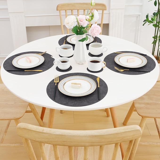 Homaxy Round Faux Leather Placemats and Coasters, Washable Dual-Side Table Mats, Wipeable Heat-Resistant Dining Place Mats for Outdoor and Indoor, Set of 6, Diameter 13 and 3.93 inch, Dark Grey