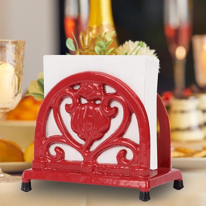 Napkin Holder for Table - Vintage Farmhouse Kitchen Restaurant Cast Iron Napkin Holder for Dinner Cocktail Paper Napkins, Red