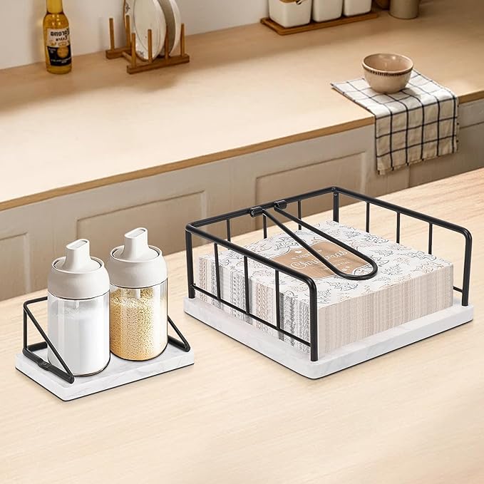 Livabber Flat Napkin Holder, Metal Kitchen Napkin Storage with Weighted Tension Arm Rustic Tissue Paper Dispenser for Countertop, Table Kitchen, Dining Room (with Marble Base, Black Napkin Holder Set)