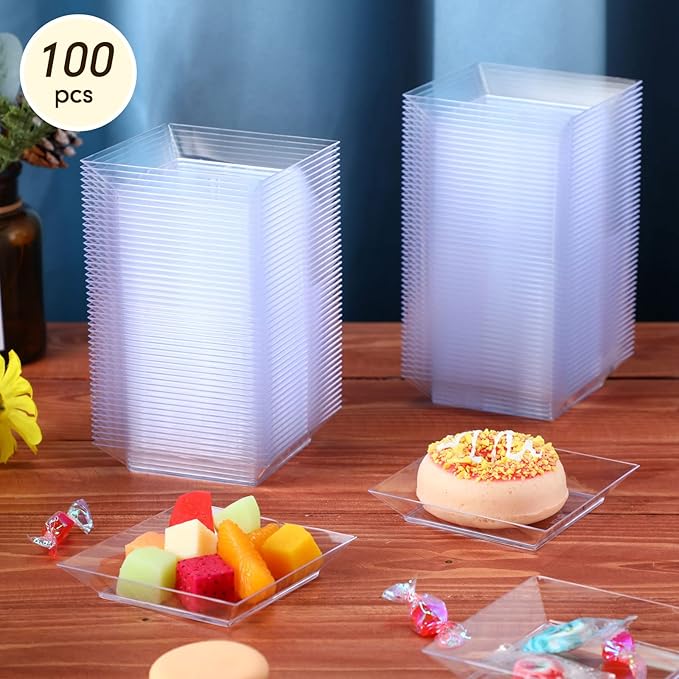 Zhehao 50 Pcs Plastic Dessert Appetizer Plates Disposable, 3.6 x 3.6 Inch Small Square Plastic Dessert Cake Plate for Party, Valentine's Day Wedding Birthday Bridal Baby Shower Supplies (Clear)