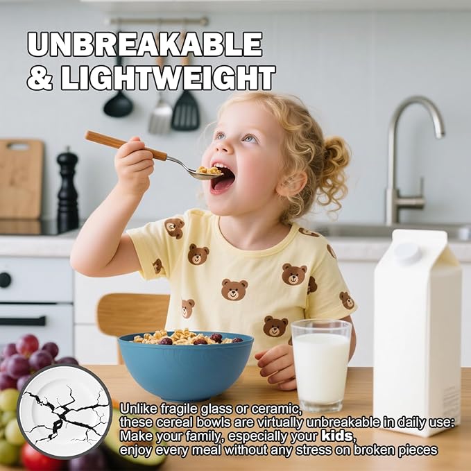 Unbreakable Large Cereal Bowls 40 OZ, Wheat Straw Bowls Set of 6, Alternative Plastic Bowls for Kitchen, Outdoors, Microwave & Dishwasher Safe Bowl Set for Salad, Cereal, Soup, Ramen, Multi