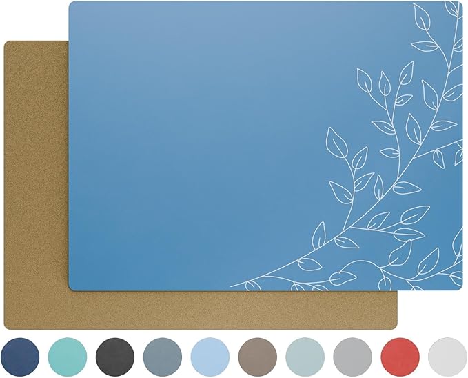 Royalty Art Dark Steel Blue Boho Placemats, 4 Pc. Set, Non-Slip Cork Backed, Wipeable Heat Resistant Surface for Kitchen and Dining Table Protection, Cute Floral Pattern for Farmhouse or Rustic Decor