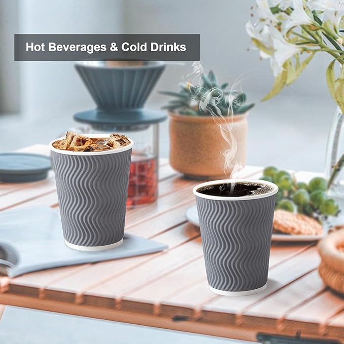 Lamosi 500 Count 12 oz Insulated Coffee Cups Bulk, Disposable Paper Cups No Lids 12oz, Corrugated Ripple Wall Design for Hot Beverage (Grey)
