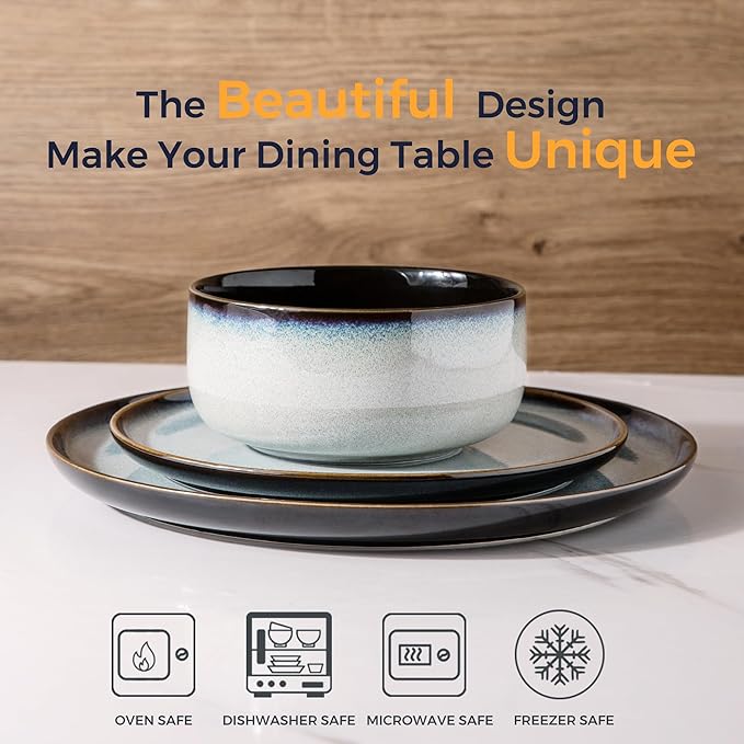 LeRATIO Ceramic Dinnerware Set of 4, Poreclain Plates, Bowls, Handmade Reactive Glaze Dishes, Chip Resistant, Oven & Dishwasher Safe, Service for 4-Gray White