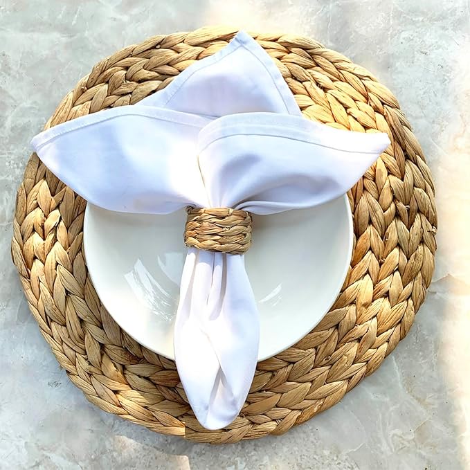 Set 24 Woven Water Hyacinth Napkin Rings | Rustic Boho Wicker Napkin Holders | Natural Farmhouse Rattan Napkin Ring for Christmas, Thanksgiving Dining Table, Wedding Party