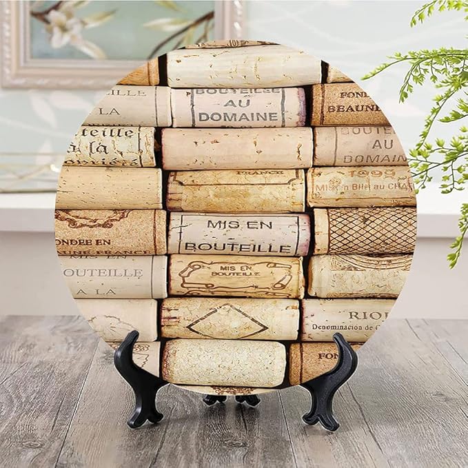 Ceramic Display Plate, Winery Ceramic Hanging Decorative Plate, Different Wine Corks Arranged in Line Collections, 6 Inch, Living Room Kitchen Decoration Household, Ivory Pale Brown