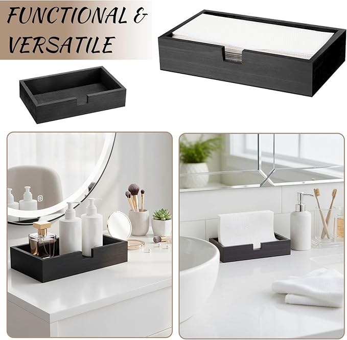 2 Pack Black Wooden Napkin Holder, Guest Towels Holder Flat Bathroom Napkin Tray Disposable Hand Towel Tray Cocktail Napkins Holders for Table Kitchen Counter Home Desk