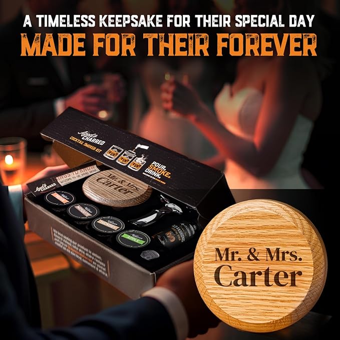 Personalised Whiskey Smoker Kit with Torch & Butane with Oak Wood Chips - Custom Engraved Smoke Lid for Bourbon & Old Fashioned Cocktails - Unique Whiskey Gifts for Men - Fits Various Glasses