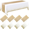 Breling 8 Pack White and Gold Disposable Plastic Tablecloths and Satin Table Runner Set, 54 x 108 Inch Tablecloth, 12 x 108 Inch Table Runners for Wedding First Communion Baby Shower Graduation