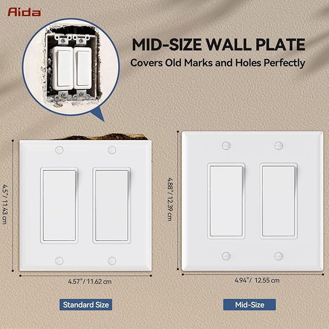 AIDA 2-Gang Decorative Wall Plates, 4.88" H x 4.94" L - Unbreakable Thermoplastic Faceplate Cover for Outlets and Switches, UL Listed - (4 Pack, Glossy White)