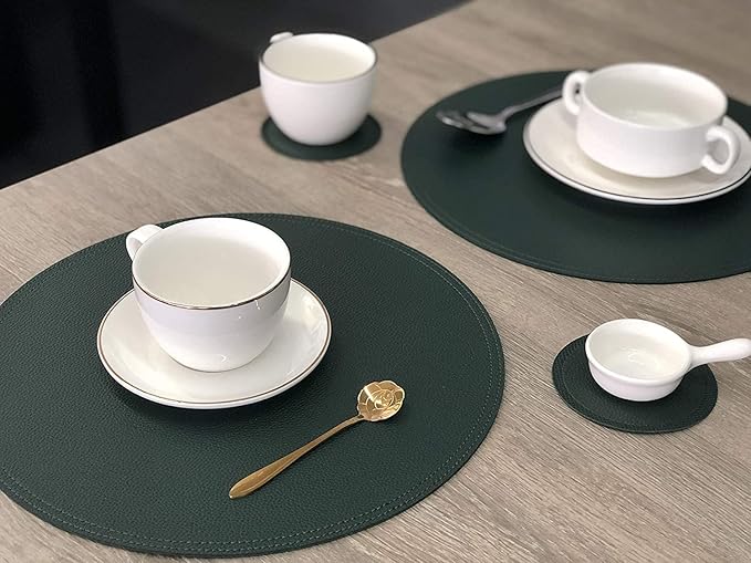 Set of 6 Faux Leather Round Placemats and Coasters, Disko Table Mats and Drink Spills Coasters, Easy to Clean, Double Stitched for Kitchen Dining Table, Diameter 13'' and 3.9''