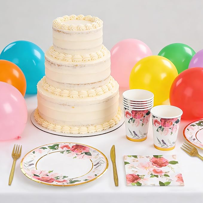 280PCS Floral Paper Plates and Napkins Party Supplies for 35 Guests Disposable Tableware with Plates Napkins Cups Cutlery Straws for Bridal Shower Birthday Party