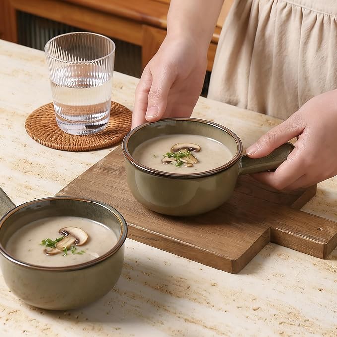 MONITO 16 Oz French Onion Soup Bowls, Ceramic Soup Bowls with Handles, Stackable Soup Crocks Oven Safe for Chili, Beef Stew, Cereal,Casseroles Microwave & Dishwasher Safe, Set of 4, Olive Green