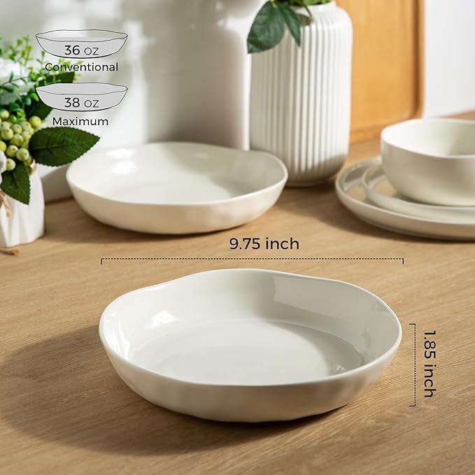LERATIO 9.75 "Ceramic Flat Pasta Bowls, Wavy Rim 38oz Large Bowls Set of 4 for Kitchen,Modern Porcelain Stoneware pasta bowls,Dishwasher & Microwave & Oven Safe Bowls with for Pasta-White