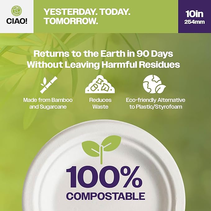 CIAO! 10" Heavy Duty Plate 100% Compostable PFAS Free Unbleached Bagasse Natural White (Pack of 500)