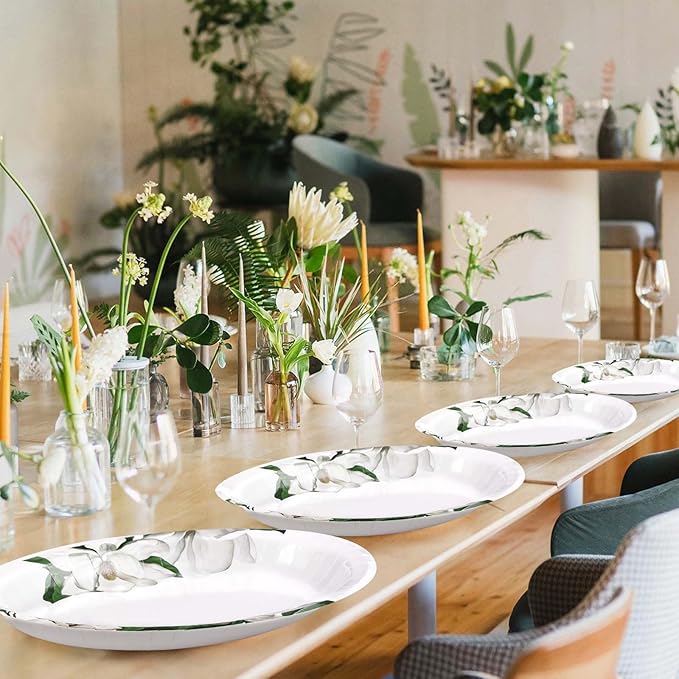 50 Pcs Magnolia Floral Oval Paper Plates Large 10"x12" White Magnolia Floral Plates Disposable Heavy Duty White Flowers Green Leaf Plates for Spring Wedding Bridal Shower Decor Birthday Party Supplies