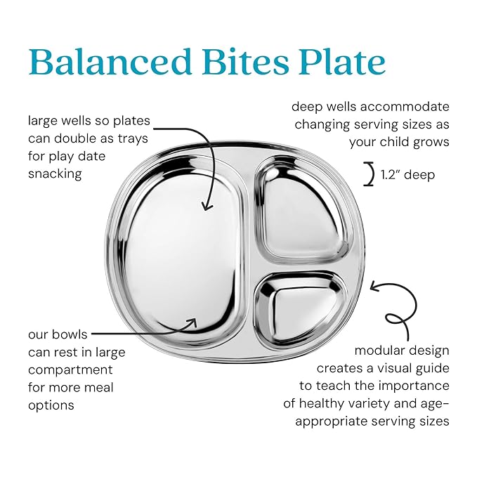 Ahimsa Stainless Steel Kids Plate, Pediatrician Designed Divided Toddler & Baby Plates, Non Toxic, Unbreakable & Dishwasher Safe, Polished
