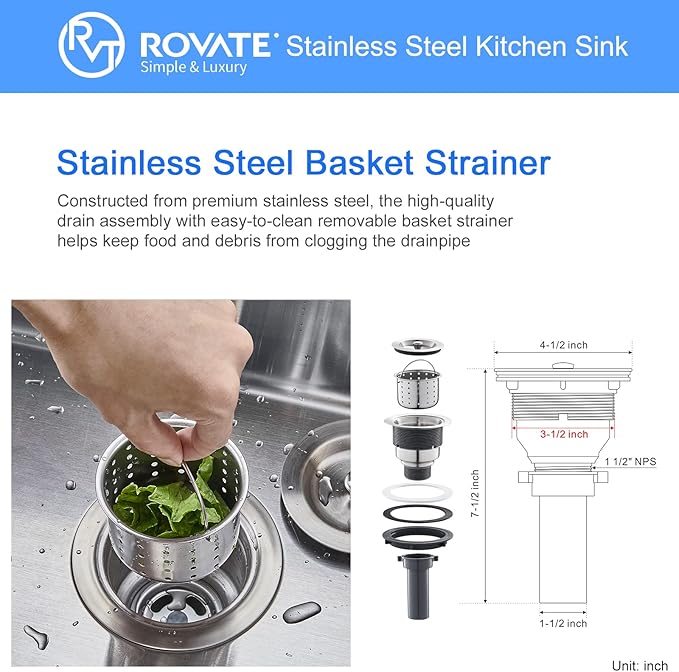 ROVATE 24 × 18 Inch Drop-in Topmount Kitchen Sink Single Bowl, 304 Stainless Steel Handmade Overmount Kitchen Sink with Basket Strainer, 24 x 18 x 9 inch