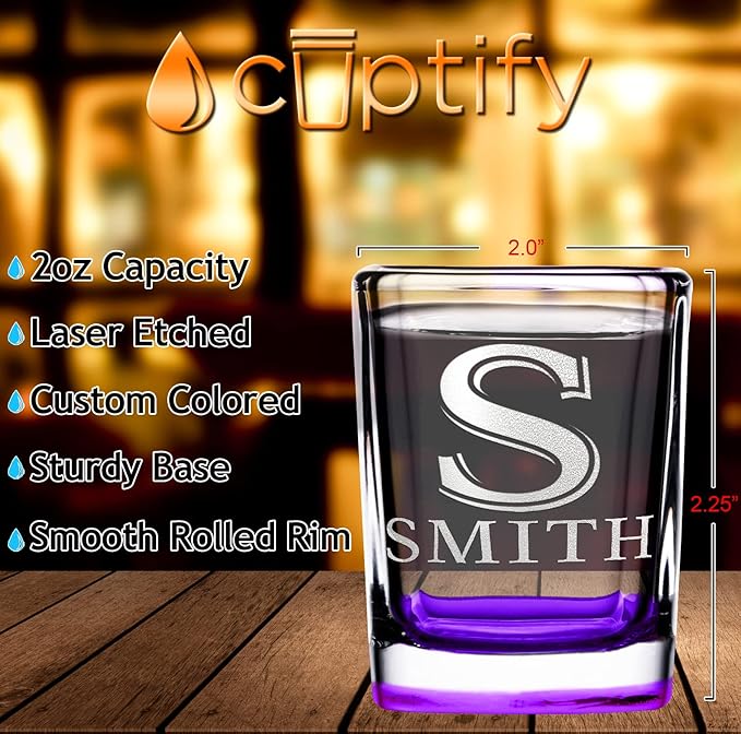 Personalized Glasses Set of 2 Initial and Name 2oz Purple Bottom Etched Square Shot Glass Engraved with Custom Text Birthday Gift for Men and Women