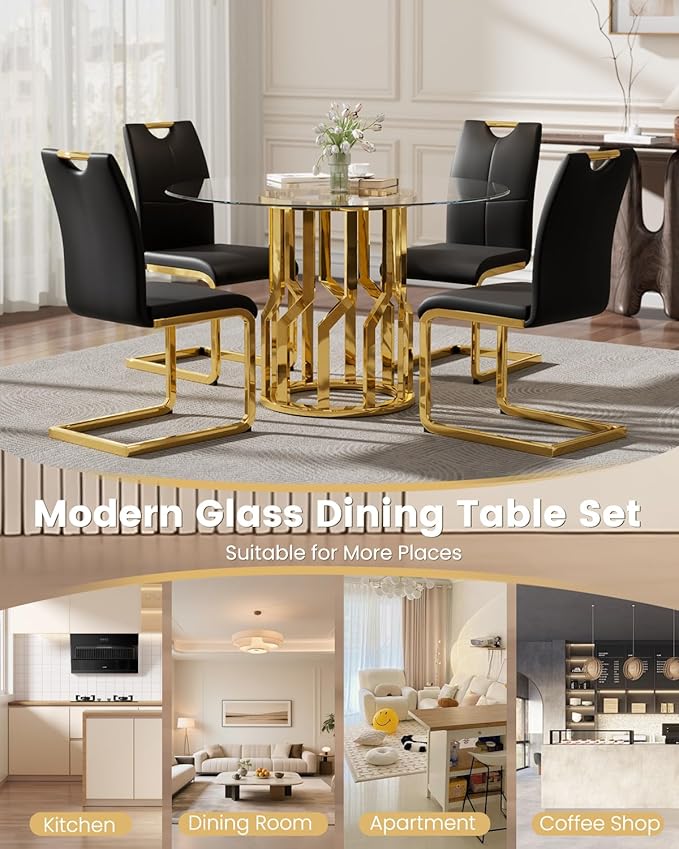 38.9" Round Glass Dining Table Set for 4, Modern 5 Piece Kitchen Table Set with Gold Stainless Steel Base & 4 PU Leather Accent Chairs, Saving Space, Dining Set for Apartment, Home - Black Chair
