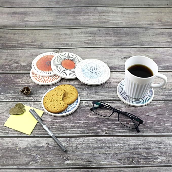 AD Set of 6 Coasters for Drinks Absorbing Round Ceramic Stone Coaster with Cork Base Tabletop Protection Mat for Mugs and Cups,Office,Kitchen (Colorful with Holder)