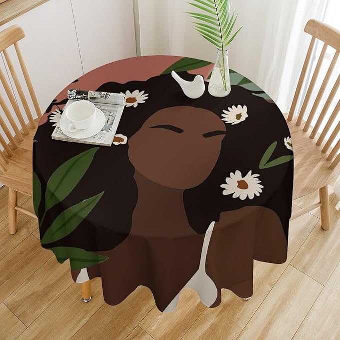 Bohemian Retro Mid Century Round Tablecloth, African Woman Girl Leaves Flower Tablecloth for Home Party Dining Room Kitchen Decor 36Inch(90cm)