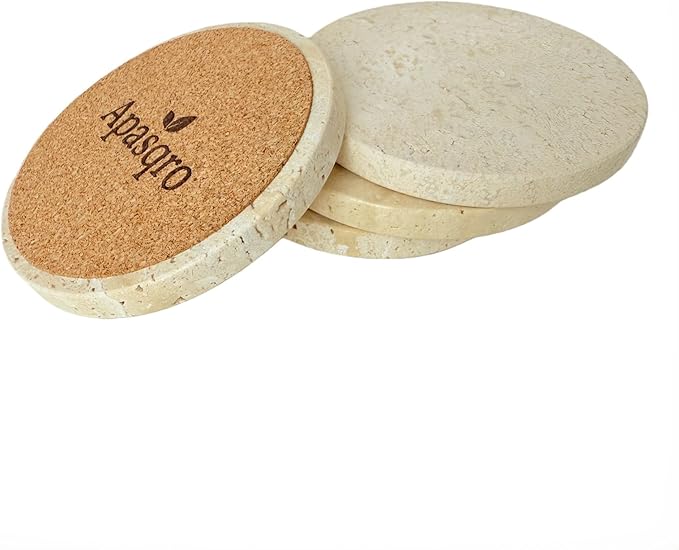 Natural Travertine Stone Coasters Set of 4 with Cork Backing – 4” (10cm) Round Absorbent Drink Coasters, Non-Slip Coffee Table Protectors, Rustic Farmhouse & Modern Décor, Gift-Ready