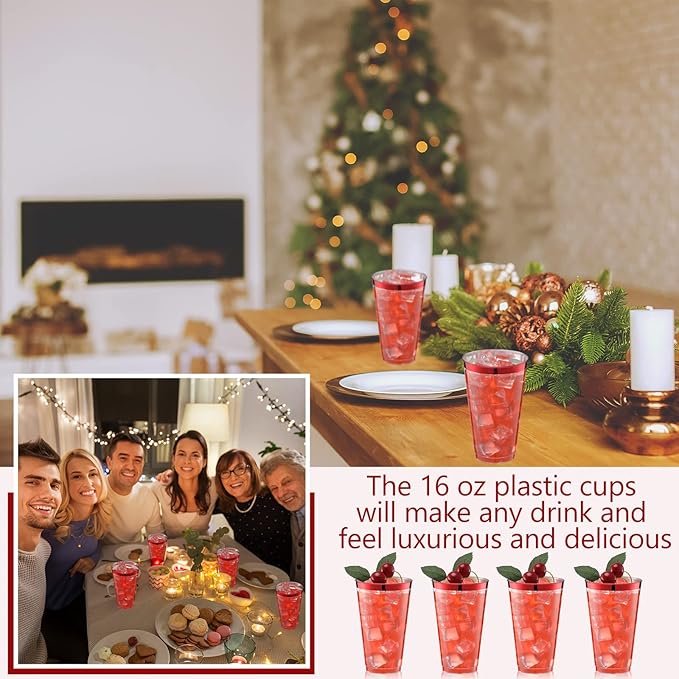 Patelai 100 Pcs 16oz Plastic Cups Disposable Rimmed Cups Heavy Duty Drinking Wine Glasses for Christmas Winter Birthday Beer Taste Serving Snack Sample Tastings Barbecues Picnic(Red)