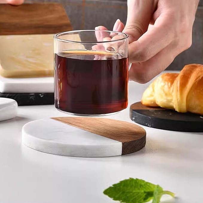 I-LAN 8Packs Round Natural Wood and Marble Style Drink Coasters for Coffee Wooden Table, Drink Bar Coaster Set/Tea Table Coasters for Living Room,Beer Cans,Bar Glasses,4 x 4 Inch
