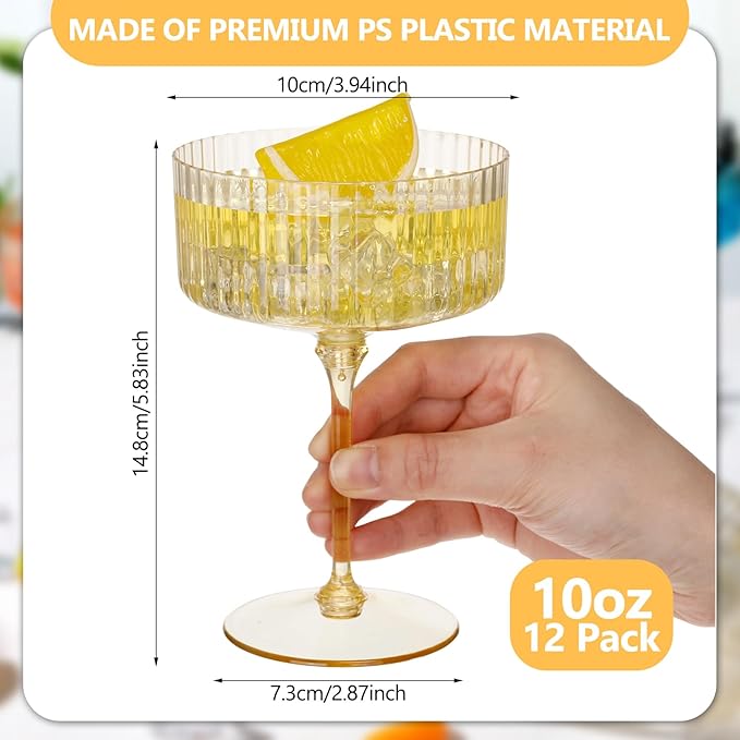 12 Pcs Ribbed Martini Glasses 10 oz Disposable Plastic Vintage Ribbed Coupe Glasses Unbreakable Dessert Parfait Glassware for Wedding Birthday Party Supplies (Gold)