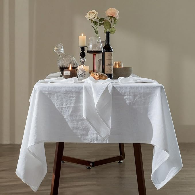 Talasily Linen Tablecloth 100% Pure Linen Table Cloth 60x84 Inches Rectangle Tablecloths Washable Cloths for Kitchen, Dining, Buffet Parties, Holidays, Picnic, Weddings and Restaurants-White