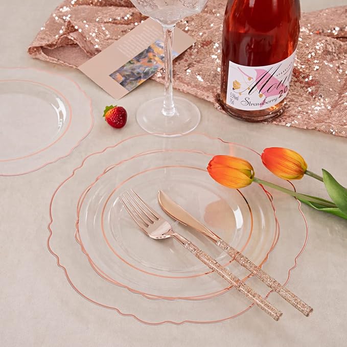 Liacere 150PCS Rose Gold Plastic Plates - Clear Rose Gold Disposable Plates with Glitter Bamboo Handle Cutlery - 60 Baroque Elegant Plates, 30 Forks, 30 Spoons, 30 Knives for Wedding＆Valentine's Day