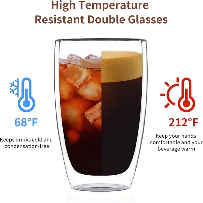 17oz Double Wall Glass Coffee Mugs, Insulated Coffee Mug, Clear Borosilicate Glass Coffee Cups for Cappuccino, Tea, Lightweight and Microwave Safe