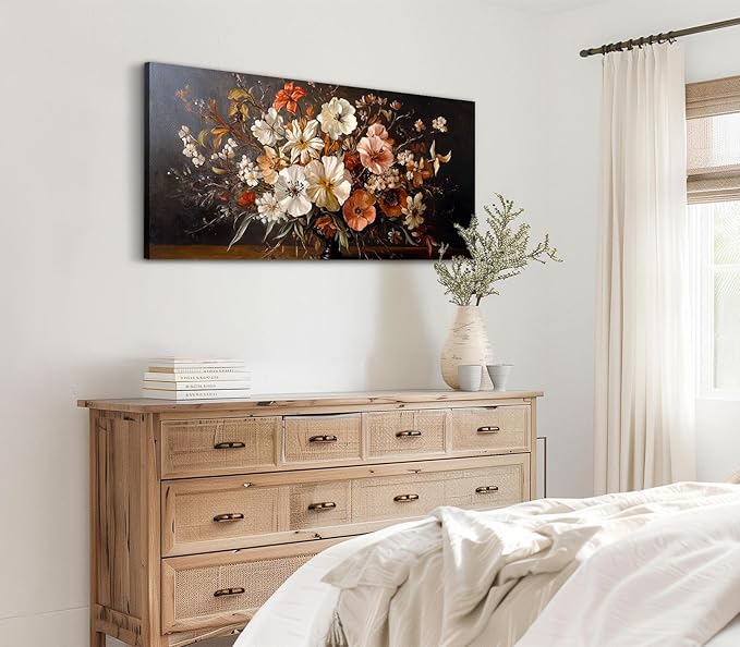 ADJUVANT Wall Art Vintage Floral Bouquet in Vase 60"L x 30"W, Flowers Canvas Painting Botanic Artwork Retro Blossoms Prints Graceful Floral Wall Decor for Living Room Bedroom Dining Room Home Office