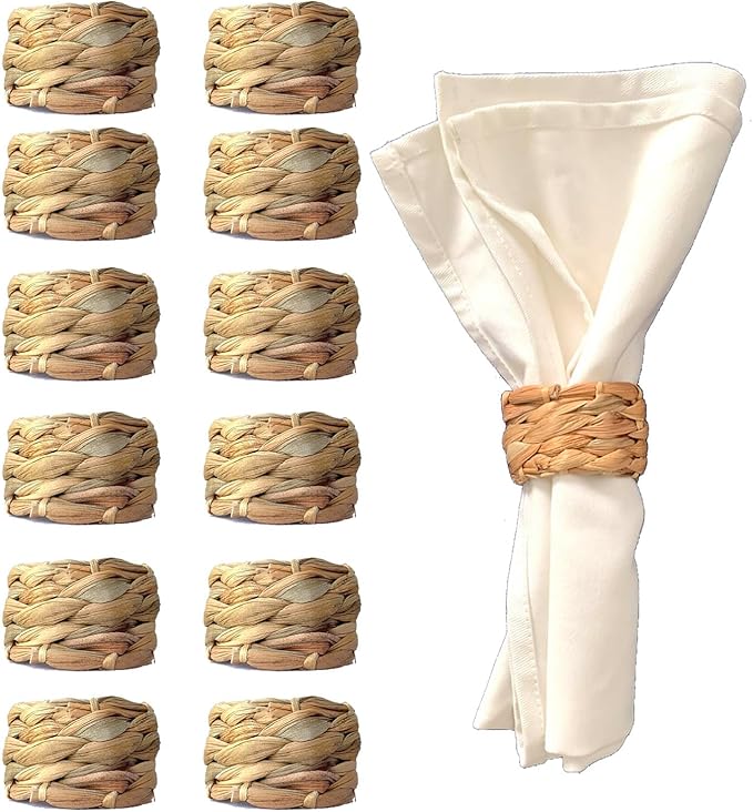 Set 12 Woven Water Hyacinth Napkin Rings | Rustic Boho Wicker Napkin Holders | Natural Farmhouse Rattan Napkin Ring for Christmas, Thanksgiving Dining Table, Wedding Party