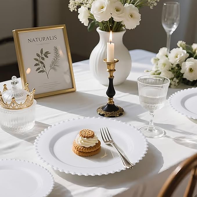 U-QE 60PCS White Plastic Plates - Fancy Beaded Plates Disposable Heavy Duty - Premium Hard Plastic Plates for Party, Wedding & Birthday Including 30 Dinner Plates 10" & 30 Dessert Plates 7"