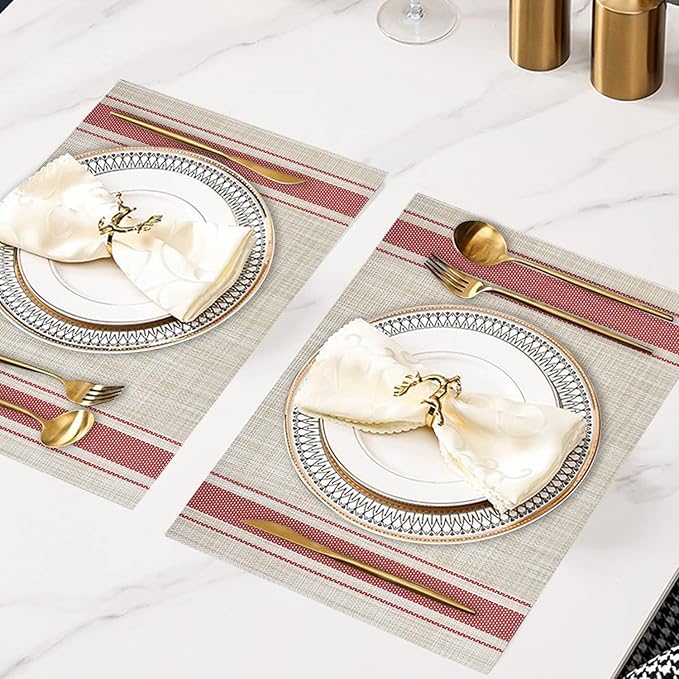DACHUI Placemats Set of 8, Soft & Elegant Woven Vinyl Place Mats, Water Resistant, Heat Resistant, Washable, Durable Table Mats (Red Stripes)