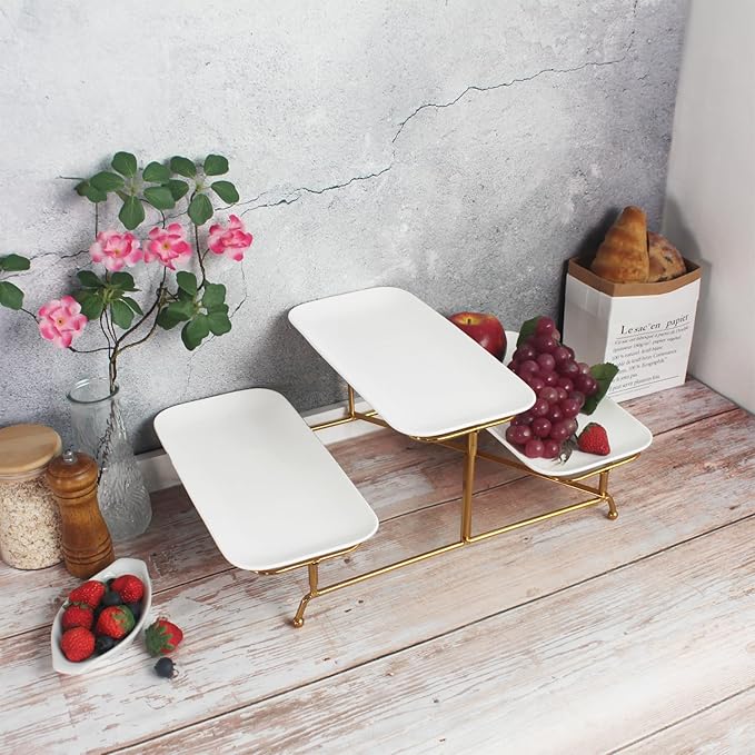 3 Tier Serving Trays for Party, 12.2 Inch Porcelain Serving Platters and Tiered Trays, Foldable Sturdy Gold Stand, for Food Display, Fruit, Cake Dessert, Decoration Entertaining, White
