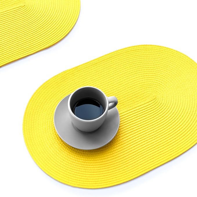 FunWheat Oval Braided Placemats Set of 4 Table Mats for Dining Tables Washable Heat Resistant Place Mats for Indoor Outdoor Use 12 x18 Inch (Oval Yellow, 4pcs)