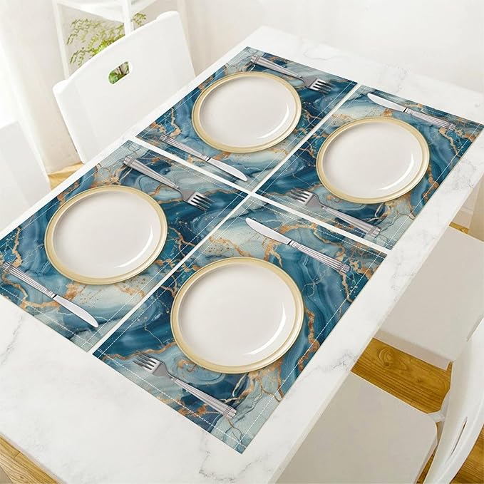 Marble Linen Placemats Set of 4, Modern Abstract Foil Stone Texture Gold Blue Marble Washable Place Mats, Non Slip Placemat for Home Party Dining Tables Wedding Kitchen Banquets Decor 12x17 Inch